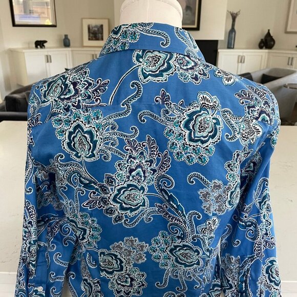 Chaps No Iron 3/4 Slv Button Down 100% Cotton Paisley Shirt Blue White Sz S - Picture 7 of 12